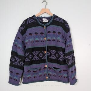 Chunky Wool Cardigan Sweater M Purple Black Button Handknit Vtg People Boho